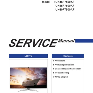 Samsung un60f7500 un60f7500af un60f7500afxza service manual cover with photo of the television, model type and code and manual contents