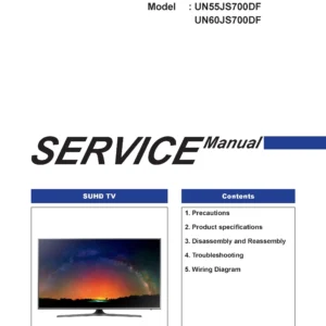 Samsung un60js700 un60js700df un60js700dfxza service manual cover with photo of the television, model type and code and manual contents