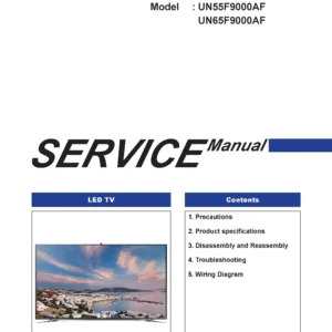 Samsung un65f9000 un65f9000af un65f9000afxza service manual cover with photo of the television, model type and code and manual contents
