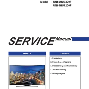 Samsung un65hu7200 un65hu7200f un65hu7200fxza service manual cover with photo of the television, model type and code and manual contents