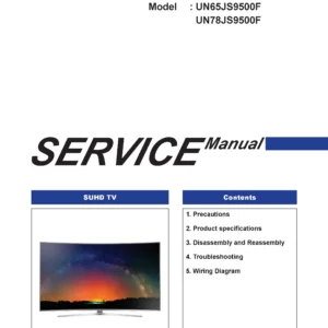 Samsung un65js9500 un65js9500f un65js9500fxza service manual cover with photo of the television, model type and code and manual contents