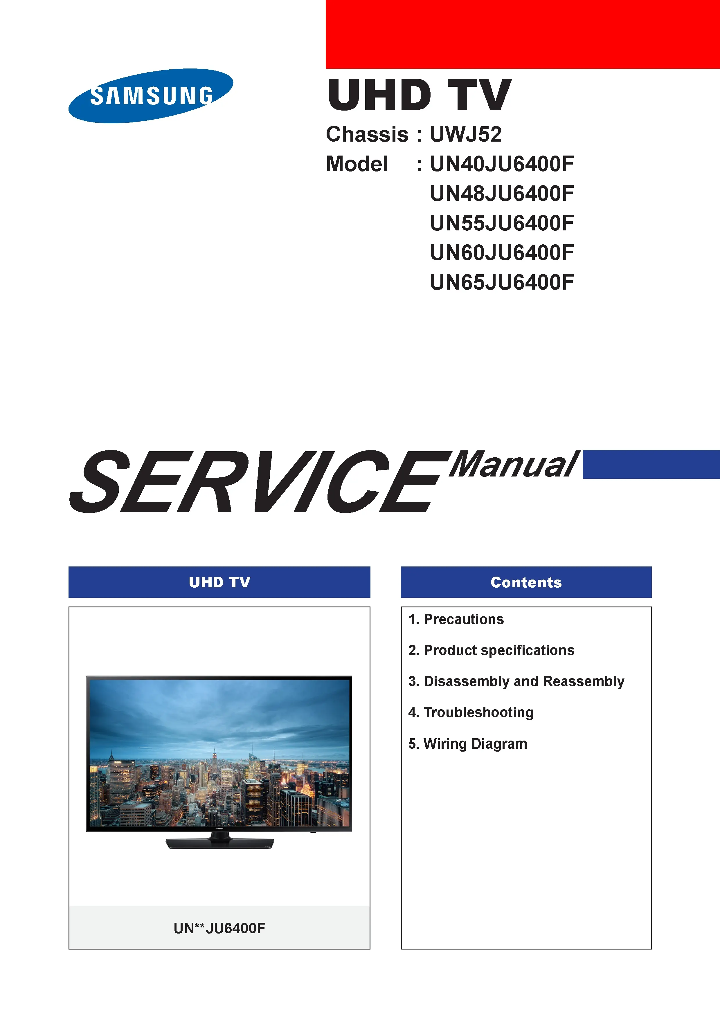Samsung un65ju6400 un65ju6400f un65ju6400fxza service manual cover with photo of the television, model type and code and manual contents