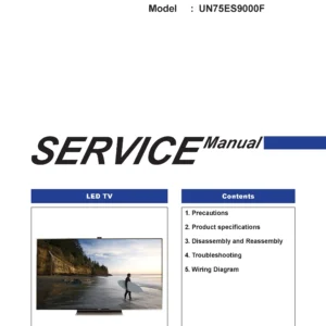 Samsung un75es9000 un75es9000f service manual cover with photo of the television, model type and code and manual contents