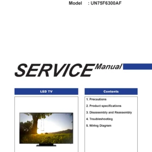 Samsung un75f6300 un75f6300af un75f6300afxza service manual cover with photo of the television, model type and code and manual contents
