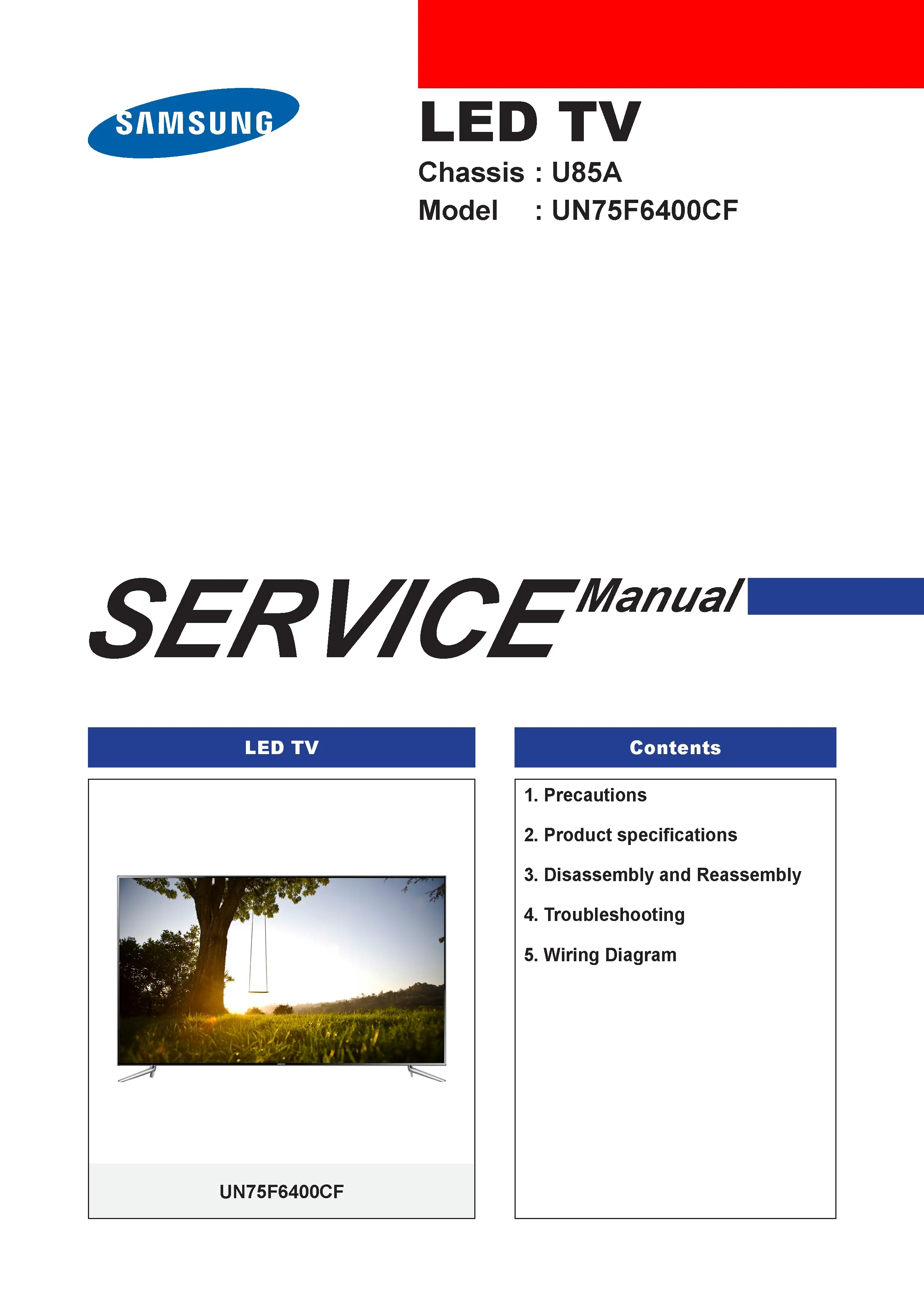 Samsung un75f6400 un75f6400cf un75f6400cfxza service manual cover with photo of the television, model type and code and manual contents