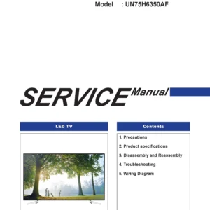 Samsung un75h6350 un75h6350af un75h6350afxza service manual cover with photo of the television, model type and code and manual contents