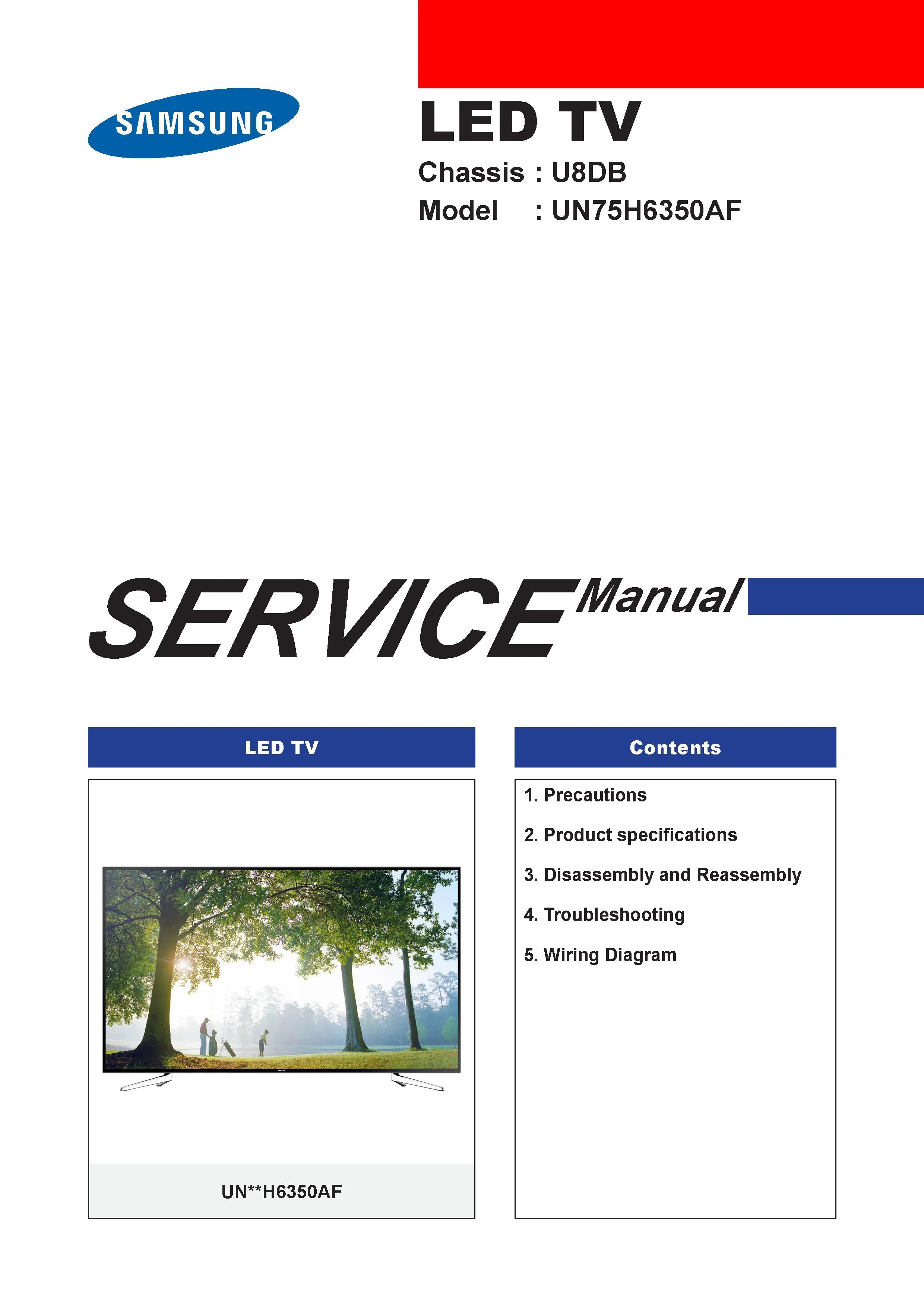 Samsung un75h6350 un75h6350af un75h6350afxza service manual cover with photo of the television, model type and code and manual contents