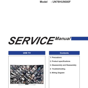 Samsung un78hu9000 un78hu9000f un78hu9000fxza service manual cover with photo of the television, model type and code and manual contents