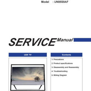 Samsung un85s9 un85s9af un85s9afxza framed service manual cover with photo of the television, model type and code and manual contents