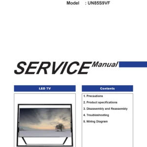 Samsung un85s9 un85s9vf un85s9vfxza framed service manual cover with photo of the television, model type and code and manual contents