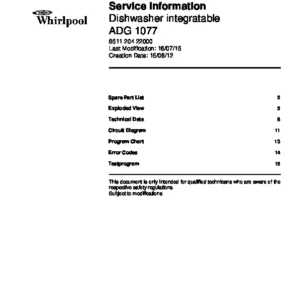 Whirlpool adg 1077 service manual cover integrated dishwasher showing service information and table of contents with spare parts list, exploded view, circuit diagram, program chart, test program, error codes, and service bulletins.