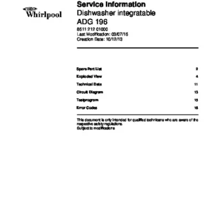 Whirlpool adg 196 service manual cover integrated dishwasher showing service information and table of contents with spare parts list, exploded view, circuit diagram, program chart, test program, error codes, and service bulletins.