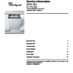 Whirlpool adg 201 service manual cover integrated dishwasher showing service information and table of contents with spare parts list, exploded view, circuit diagram, program chart, test program, error codes, and service bulletins.