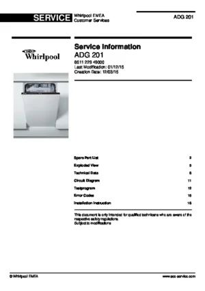 Whirlpool adg 201 service manual cover integrated dishwasher showing service information and table of contents with spare parts list, exploded view, circuit diagram, program chart, test program, error codes, and service bulletins.