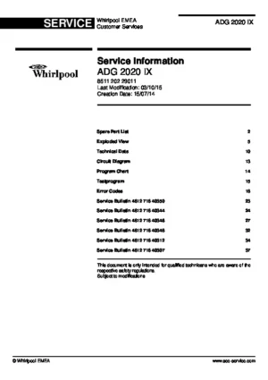 Whirlpool adg 2020 ix service manual cover integrated dishwasher showing service information and table of contents with spare parts list, exploded view, circuit diagram, program chart, test program, error codes, and service bulletins.