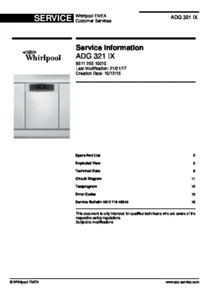 Whirlpool adg 321 ix service manual cover integrated dishwasher showing service information and table of contents with spare parts list, exploded view, circuit diagram, program chart, test program, error codes, and service bulletins.