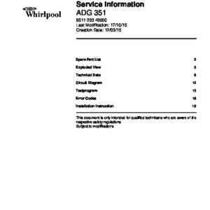 Whirlpool adg 351 service manual cover integrated dishwasher showing service information and table of contents with spare parts list, exploded view, circuit diagram, program chart, test program, error codes, and service bulletins.