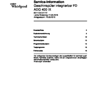 Whirlpool adg 400 ix deutsch service manual cover integrated dishwasher showing service information and table of contents with spare parts list, exploded view, circuit diagram, program chart, test program, error codes, and service bulletins.