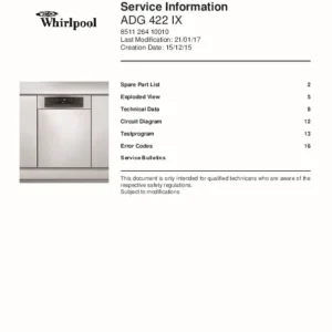 Whirlpool adg 422 ix service manual cover integrated dishwasher showing service information and table of contents with spare parts list, exploded view, circuit diagram, program chart, test program, error codes, and service bulletins.