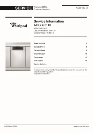 Whirlpool adg 422 ix service manual cover integrated dishwasher showing service information and table of contents with spare parts list, exploded view, circuit diagram, program chart, test program, error codes, and service bulletins.