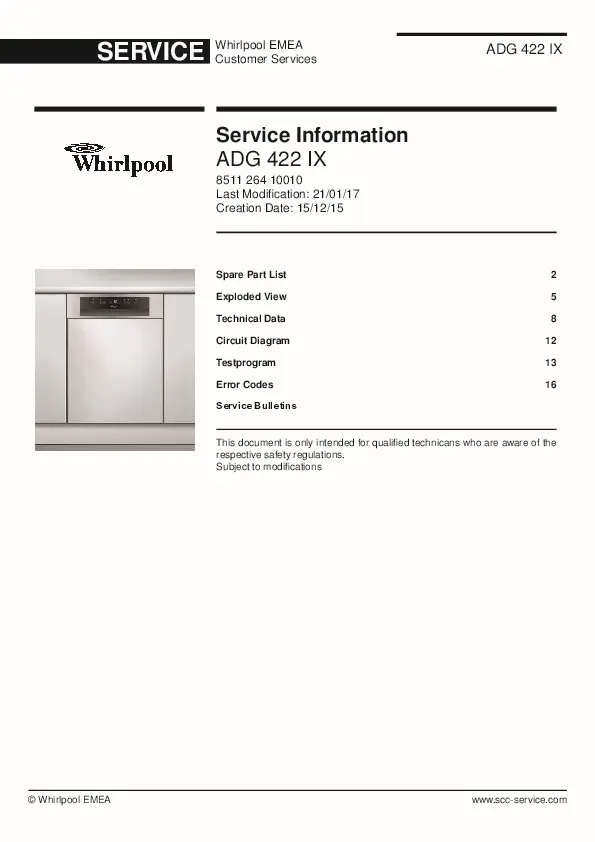 Whirlpool adg 422 ix service manual cover integrated dishwasher showing service information and table of contents with spare parts list, exploded view, circuit diagram, program chart, test program, error codes, and service bulletins.