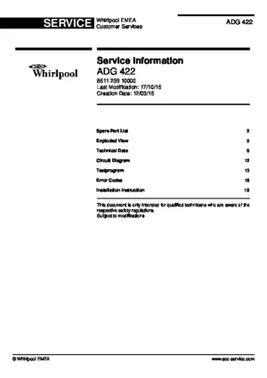 Whirlpool adg 422 service manual cover integrated dishwasher showing service information and table of contents with spare parts list, exploded view, circuit diagram, program chart, test program, error codes, and service bulletins.