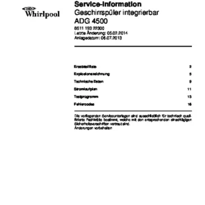 Whirlpool adg 4500 deutsch service manual cover integrated dishwasher showing service information and table of contents with spare parts list, exploded view, circuit diagram, program chart, test program, error codes, and service bulletins.