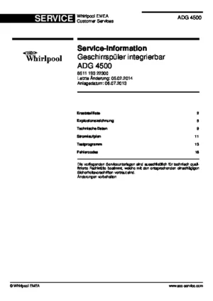 Whirlpool adg 4500 deutsch service manual cover integrated dishwasher showing service information and table of contents with spare parts list, exploded view, circuit diagram, program chart, test program, error codes, and service bulletins.