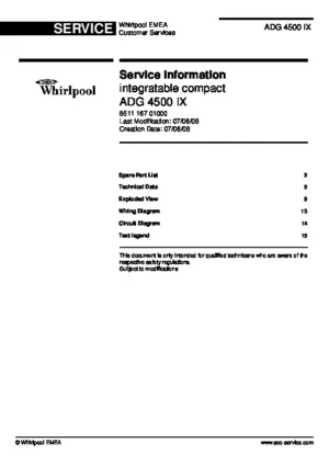 Whirlpool adg 4500 ix service manual cover integrated dishwasher showing service information and table of contents with spare parts list, exploded view, circuit diagram, program chart, test program, error codes, and service bulletins.