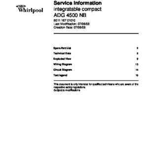 Whirlpool adg 4500 nb service manual cover integrated dishwasher showing service information and table of contents with spare parts list, exploded view, circuit diagram, program chart, test program, error codes, and service bulletins.
