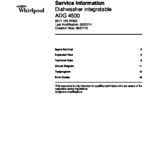 Whirlpool adg 4500 service manual cover integrated dishwasher showing service information and table of contents with spare parts list, exploded view, circuit diagram, program chart, test program, error codes, and service bulletins.