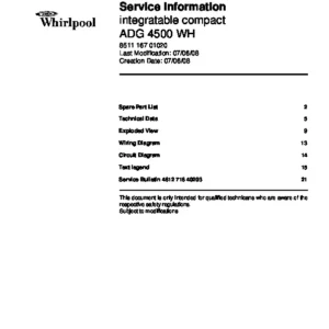 Whirlpool adg 4500 wh service manual cover integrated dishwasher showing service information and table of contents with spare parts list, exploded view, circuit diagram, program chart, test program, error codes, and service bulletins.