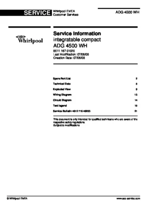 Whirlpool adg 4500 wh service manual cover integrated dishwasher showing service information and table of contents with spare parts list, exploded view, circuit diagram, program chart, test program, error codes, and service bulletins.