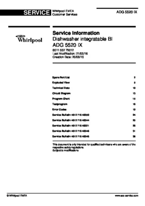 Whirlpool adg 5520 ix service manual cover integrated dishwasher showing service information and table of contents with spare parts list, exploded view, circuit diagram, program chart, test program, error codes, and service bulletins.