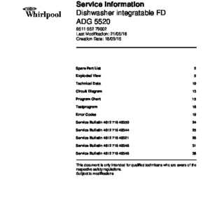Whirlpool adg 5520 service manual cover integrated dishwasher showing service information and table of contents with spare parts list, exploded view, circuit diagram, program chart, test program, error codes, and service bulletins.