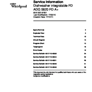 Whirlpool adg 5820 fd a service manual cover integrated dishwasher showing service information and table of contents with spare parts list, exploded view, circuit diagram, program chart, test program, error codes, and service bulletins.