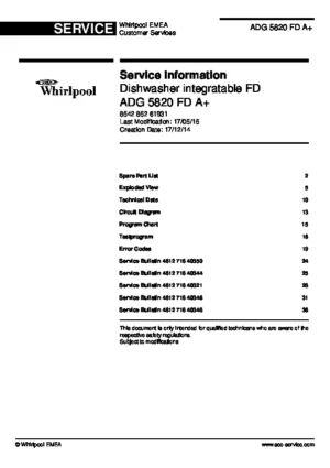 Whirlpool adg 5820 fd a service manual cover integrated dishwasher showing service information and table of contents with spare parts list, exploded view, circuit diagram, program chart, test program, error codes, and service bulletins.