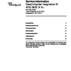 Whirlpool adg 5820 ix a deutsch service manual cover integrated dishwasher showing service information and table of contents with spare parts list, exploded view, circuit diagram, program chart, test program, error codes, and service bulletins.