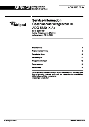 Whirlpool adg 5820 ix a deutsch service manual cover integrated dishwasher showing service information and table of contents with spare parts list, exploded view, circuit diagram, program chart, test program, error codes, and service bulletins.