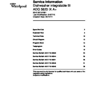 Whirlpool adg 5820 ix a service manual cover integrated dishwasher showing service information and table of contents with spare parts list, exploded view, circuit diagram, program chart, test program, error codes, and service bulletins.