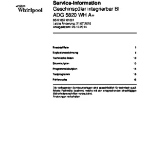 Whirlpool adg 5820 wh a deutsch service manual cover integrated dishwasher showing service information and table of contents with spare parts list, exploded view, circuit diagram, program chart, test program, error codes, and service bulletins.