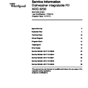 Whirlpool adg 6200 service manual cover integrated dishwasher showing service information and table of contents with spare parts list, exploded view, circuit diagram, program chart, test program, error codes, and service bulletins.