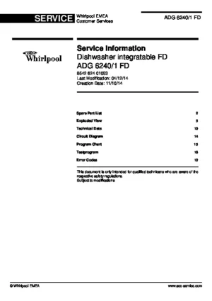 Whirlpool adg 6240 1 fd service manual cover integrated dishwasher showing service information and table of contents with spare parts list, exploded view, circuit diagram, program chart, test program, error codes, and service bulletins.
