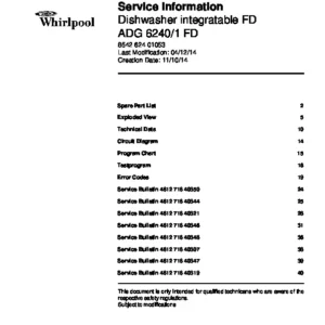 Whirlpool adg 6240 1 fd servivce service manual cover integrated dishwasher showing service information and table of contents with spare parts list, exploded view, circuit diagram, program chart, test program, error codes, and service bulletins.