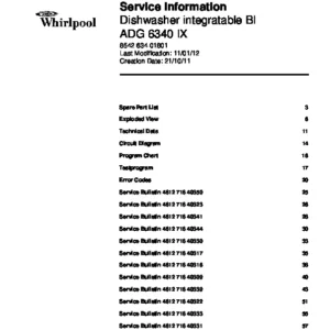Whirlpool adg 6340 ix service manual cover integrated dishwasher showing service information and table of contents with spare parts list, exploded view, circuit diagram, program chart, test program, error codes, and service bulletins.