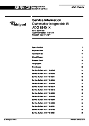 Whirlpool adg 6340 ix service manual cover integrated dishwasher showing service information and table of contents with spare parts list, exploded view, circuit diagram, program chart, test program, error codes, and service bulletins.