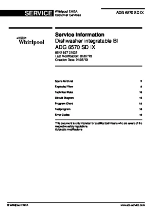 Whirlpool adg 6570 sd ix service manual cover integrated dishwasher showing service information and table of contents with spare parts list, exploded view, circuit diagram, program chart, test program, error codes, and service bulletins.