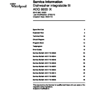 Whirlpool adg 6600 ix service manual cover integrated dishwasher showing service information and table of contents with spare parts list, exploded view, circuit diagram, program chart, test program, error codes, and service bulletins.