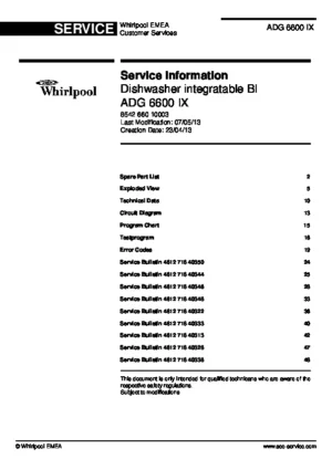 Whirlpool adg 6600 ix service manual cover integrated dishwasher showing service information and table of contents with spare parts list, exploded view, circuit diagram, program chart, test program, error codes, and service bulletins.