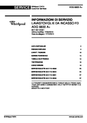 Whirlpool adg 6800 a italiano service manual cover integrated dishwasher showing service information and table of contents with spare parts list, exploded view, circuit diagram, program chart, test program, error codes, and service bulletins.